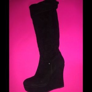 black velvet knee high wedge boots